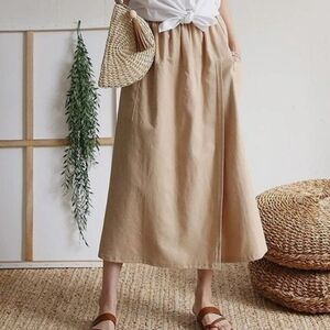 Bless-U Elastic Waist Tan Wide-Leg Culottes Pant with Skirt Overlay Gaucho Skort